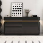 "Modish Console Dresser Reclaimed Wood Horizontal with 8 Drawers & Lighting, Beige, 63"L x 12"W x 32"H"