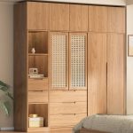 "Asian Cocoa Wardrobe Closet with 3 Drawers, Natural Wood, Interior Shelves, and Hanging Rod, 71"L x 24"W x 79"H"