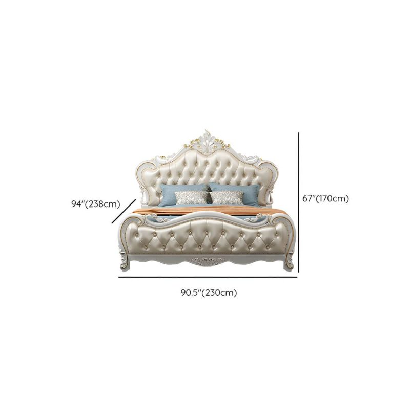 "Dimension of Beige Upholstered Tufted Standard Bed Genuine Leather Low Bed Frame with Storage - Panel Single Bed Unavailable Unavailable"