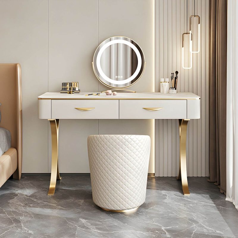 "White Slate Tabletop Rectangular Dressing Table with Golden Metal Legs - Makeup Vanity 130 x 45 x 75 cm"