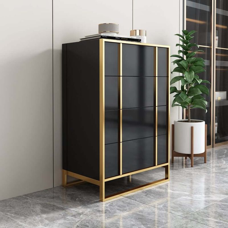"Rimh Modern Black & Gold Wooden Chest of 4 Drawers with Stainless Steel Legs"