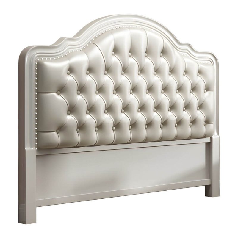 "Light Wood Oak Panel Headboard with Upholstered Leather and Nailhead Trim - Modern Style - 59" Beige/ Gray"