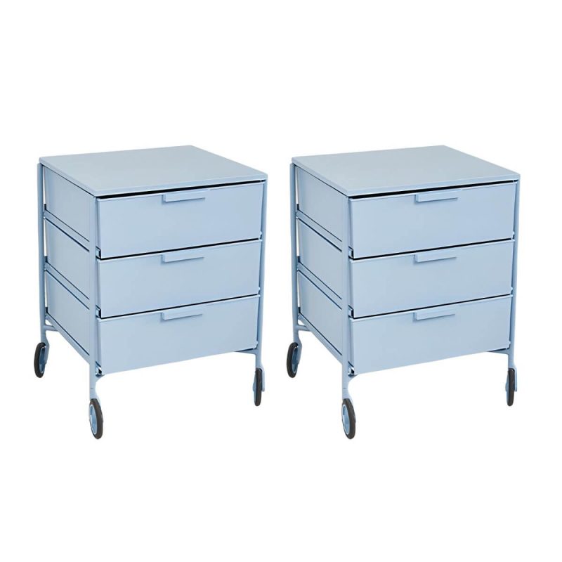 "Scandinavian Plastic Nightstand with 3 Drawers, Slim Design and Plastic Top - Blue 2 Piece Set"