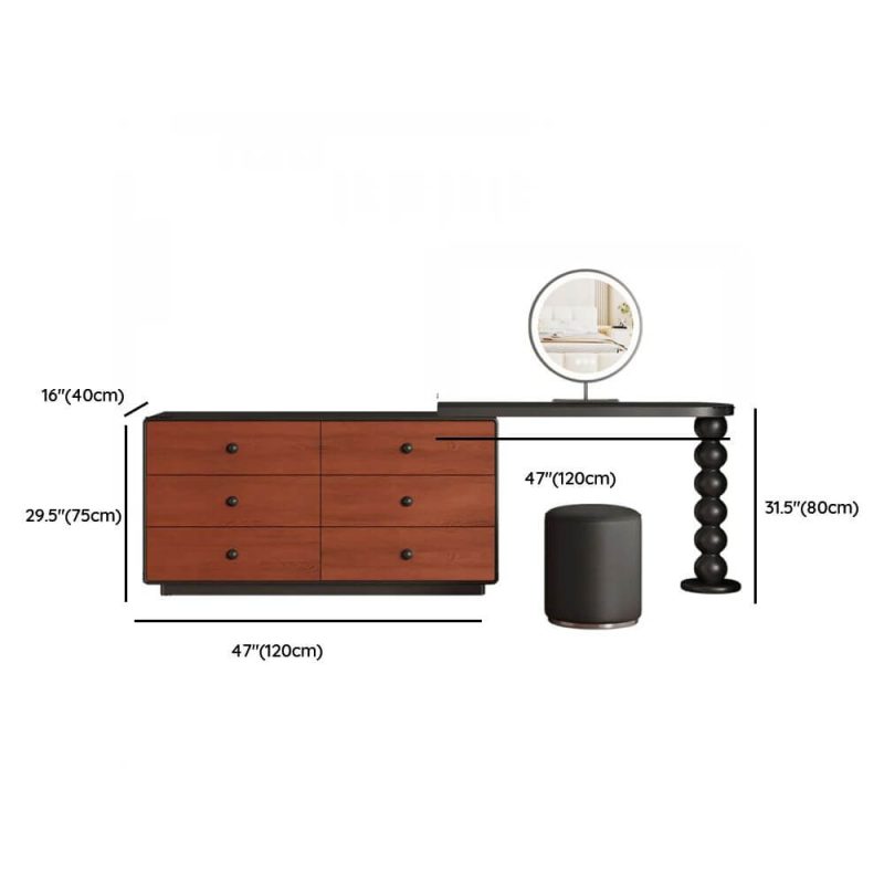 "Dimension of Ink Seating Vanity Set with Desk, Large Size, Standing Mirror, Timber Table Top, Chair, and Modish Style, Makeup Vanity (47") & Dresser (47") & Mirror & Stool"