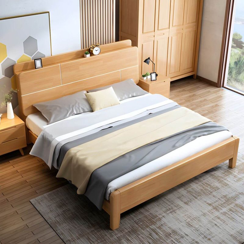 "Scandinavian Solid Wood Bed with Headboard 39.37" Tall Standard Bed - Panel Queen Bed & Mattress"