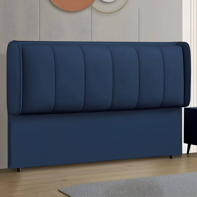"Contemporary Wingback Upholstered Headboard with Wood Legs and Standard Height - 71" Anti Cat Scratch Leather Blue"