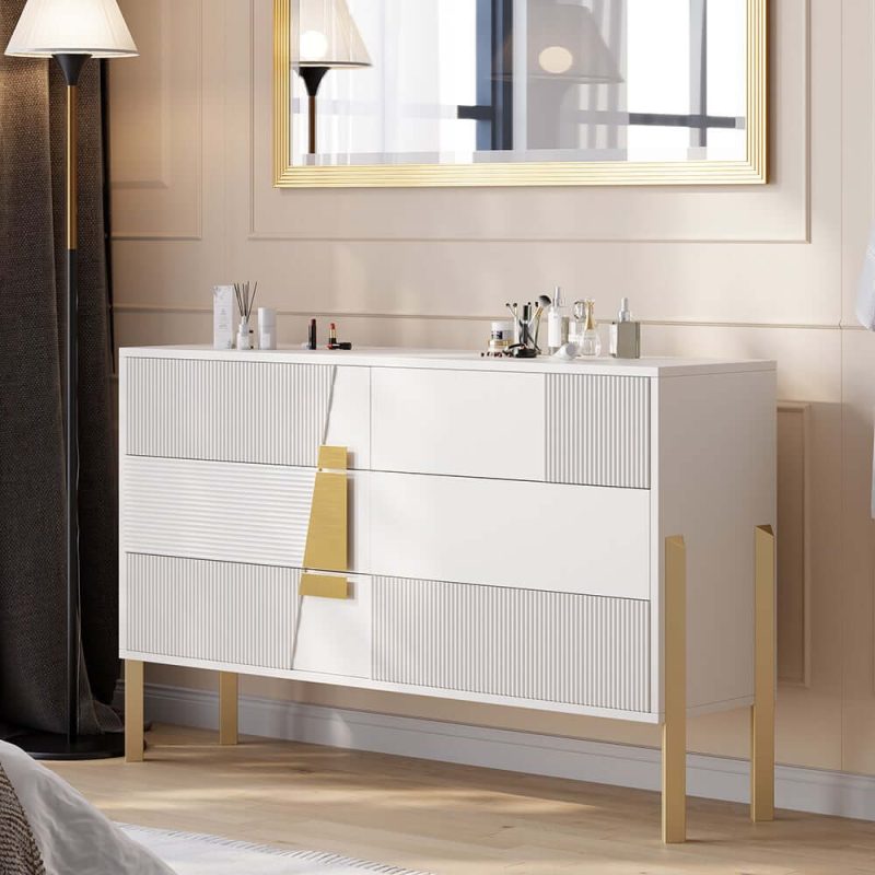 "55"W Modern White 6 Drawer Dresser Fluted Chest Storage Cabinet"