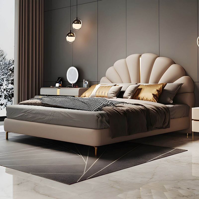 "Glam White Upholstered Pine Headboard with Arched Shape and Leather Upholstery - 53""