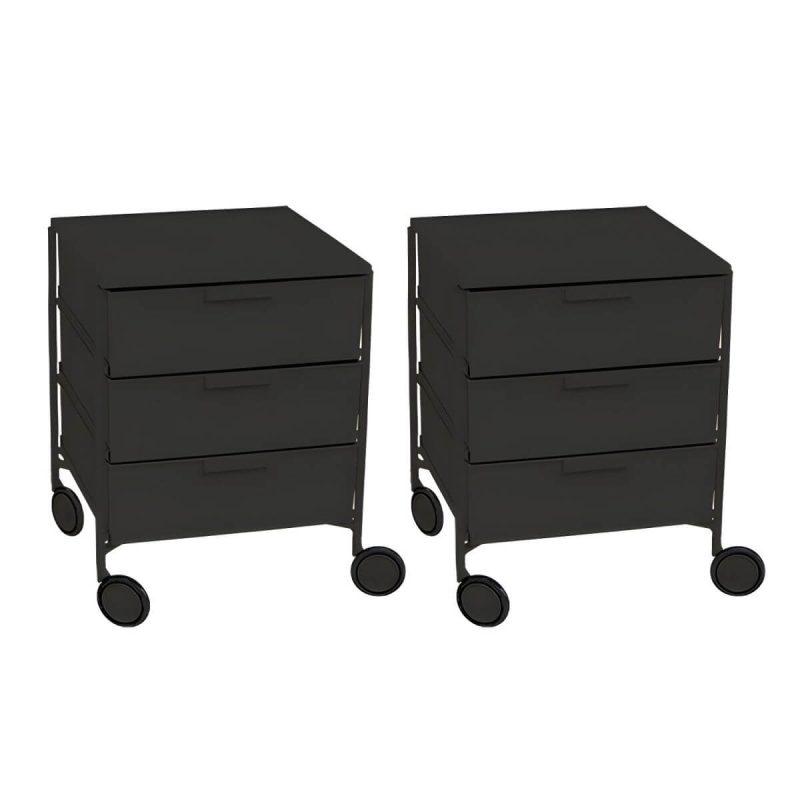 "Scandinavian Plastic Nightstand with 3 Drawers, Slim Design and Plastic Top - Black 2 Piece Set"