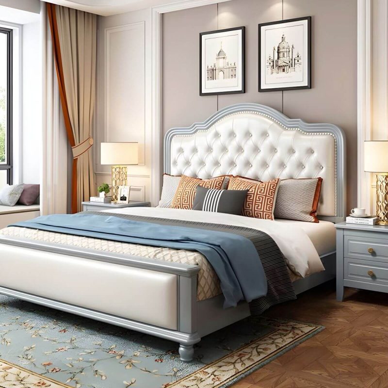 "Light Wood Oak Panel Headboard with Upholstered Leather and Nailhead Trim - Modern Style - 47" Beige"