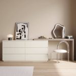 "Transparent Seating with Desk Vanity Set, 6 Drawers, Large Timber Top, LED Mirror, and Seat Included, Khaki, Makeup Vanity & Stool & Mirror"
