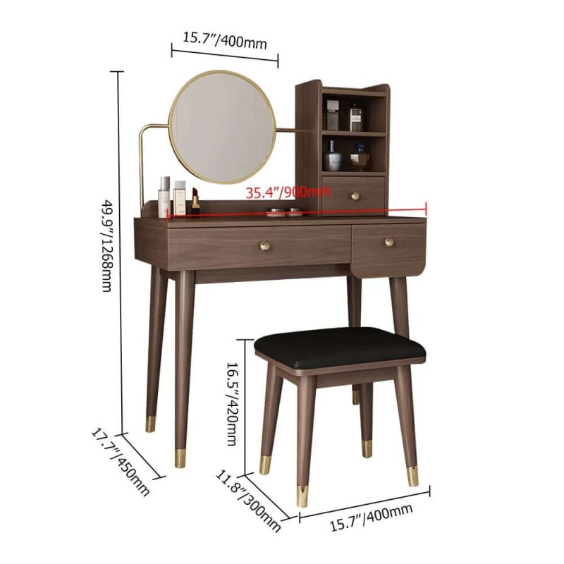 "Dimension of Ultic 2 Pieces Minimalist Makeup Vanity Set in Walnut with Mirror & Stool"