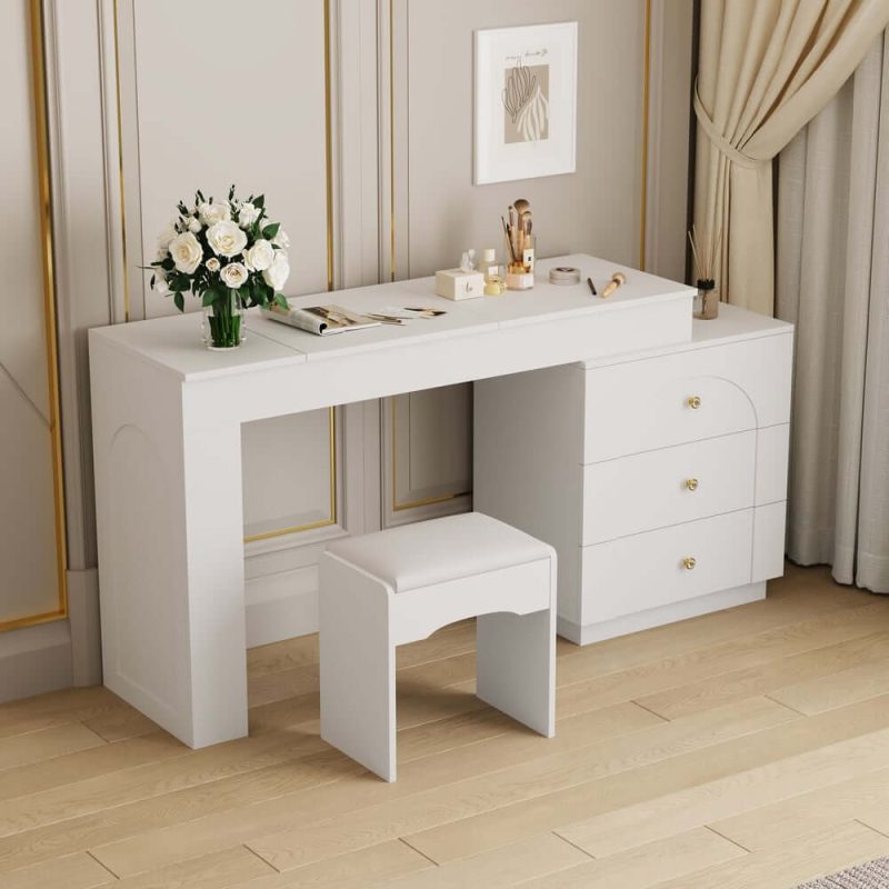 "49.2" White L-shape Makeup Vanity Set with Mirror & Stool"