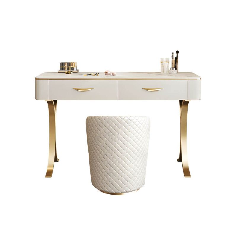 "White Slate Tabletop Rectangular Dressing Table with Golden Metal Legs - Makeup Vanity & Stools 130 x 45 x 75 cm"