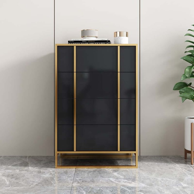 "Rimh Modern Black & Gold Wooden Chest of 4 Drawers with Stainless Steel Legs"