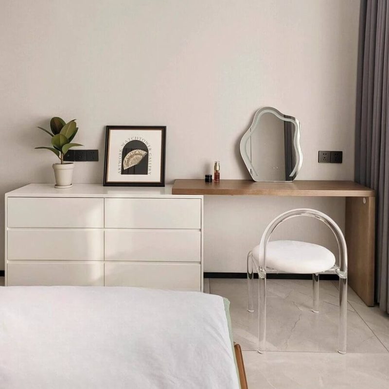 "Casual Large Wood Makeup Vanity for Spacious Room Settings, Cream, Makeup Vanity (55") & Dresser (55")"