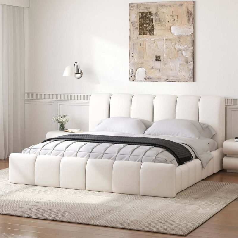 "Humply Modern Leather Wingback Queen Bed Frame with Upholstered Headboard"