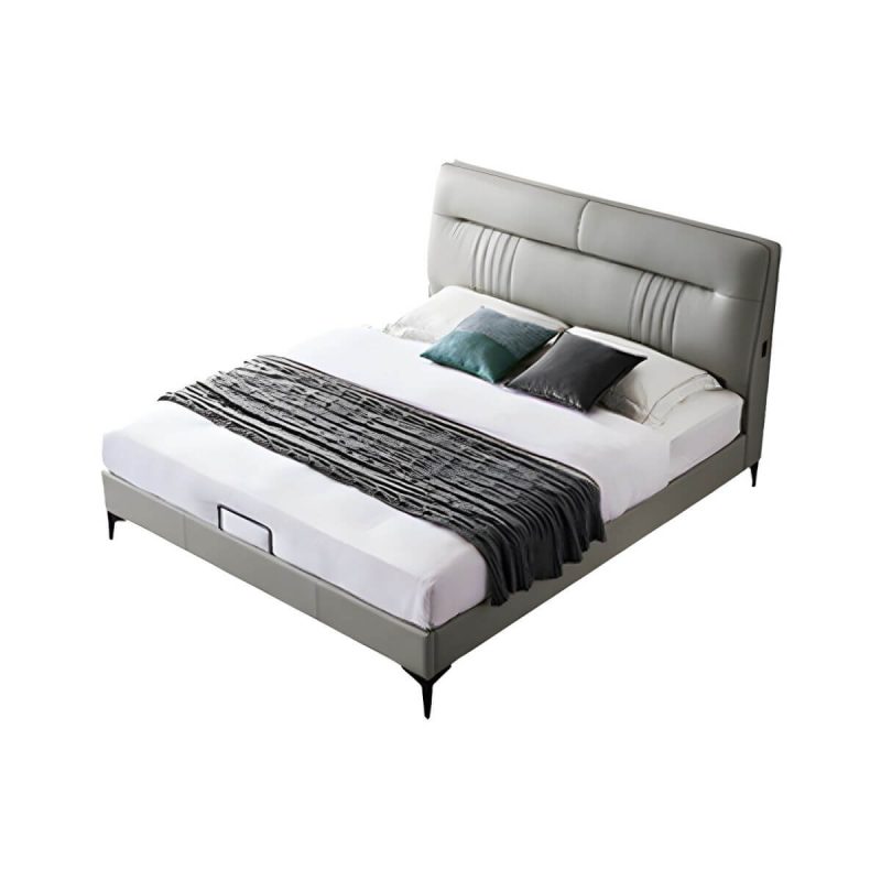 "Contemporary Standard Bed with Black Legs and Genuine Leather Panel Headboard - Grey Panel 59"W x 79"L Bed & Mattress"