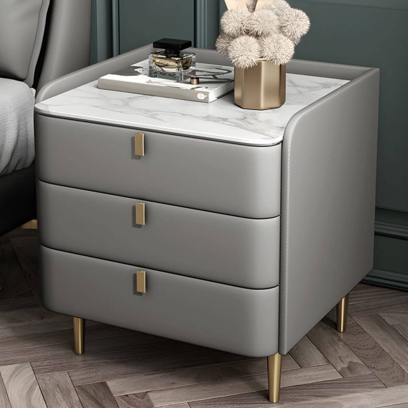 "Wooden Nightstand with 3 Drawers Contemporary 25" Tall Nightstand - Light Gray Gold"