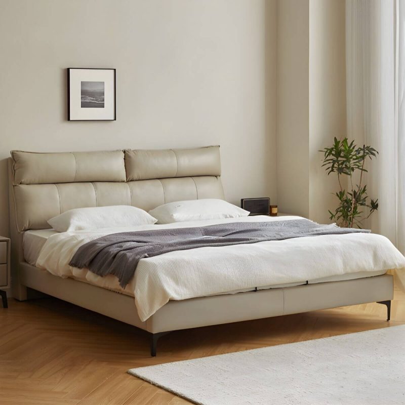 "Leather Standard Bed Contemporary Wood Frame Bed with Upholstered Headboard - 59"W x 79"L Bed & Mattress Cream"