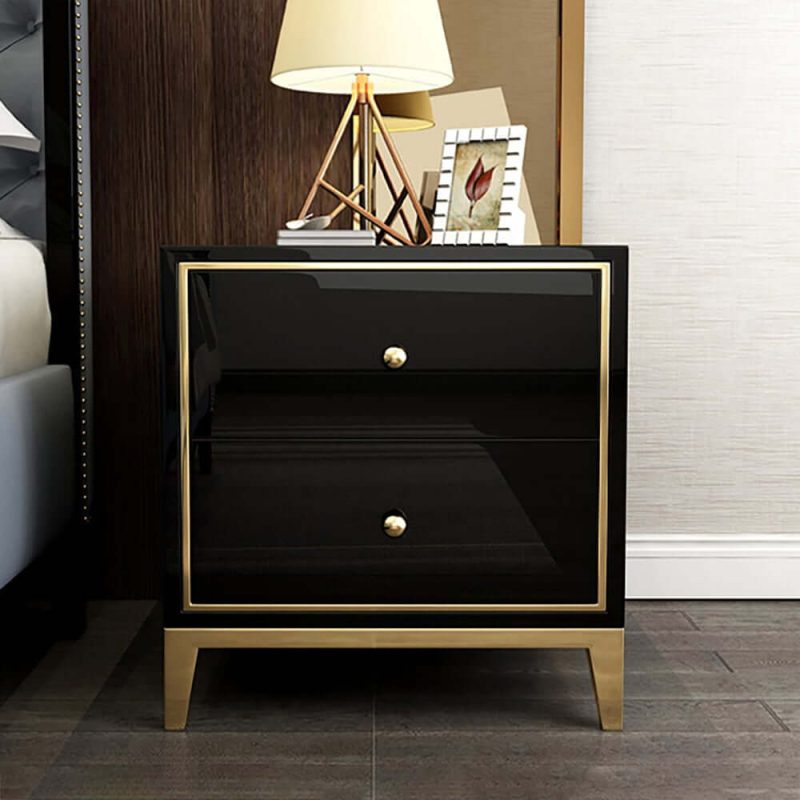 "Modern Black MDF Nightstand with 2 Drawers and Stainless Steel Leg"