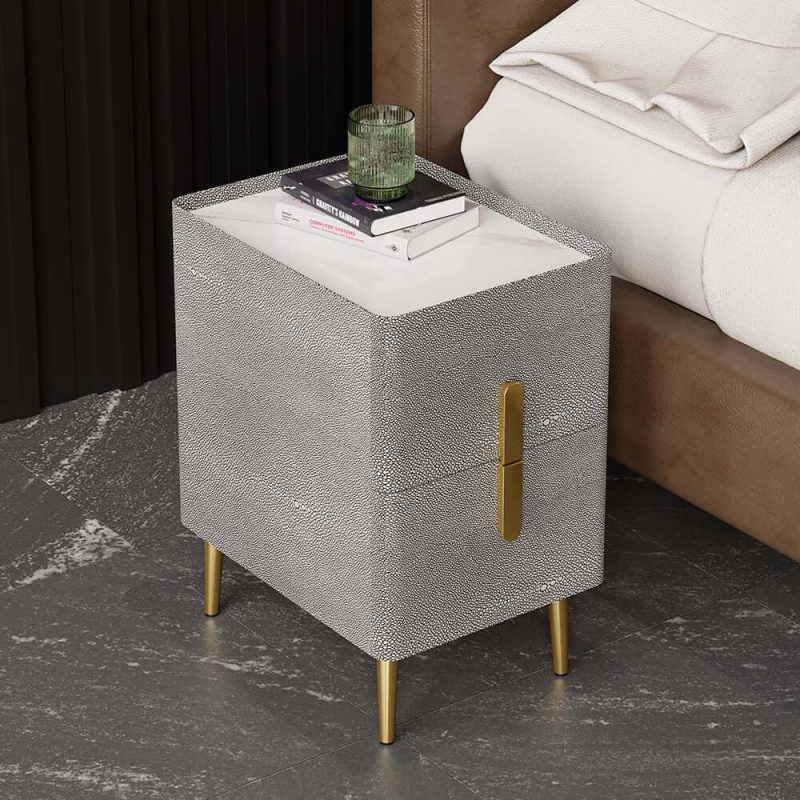"Inarrow Modern Gray Shagreen Nightstand Bedside Table with 2 Drawers in Gold Legs"