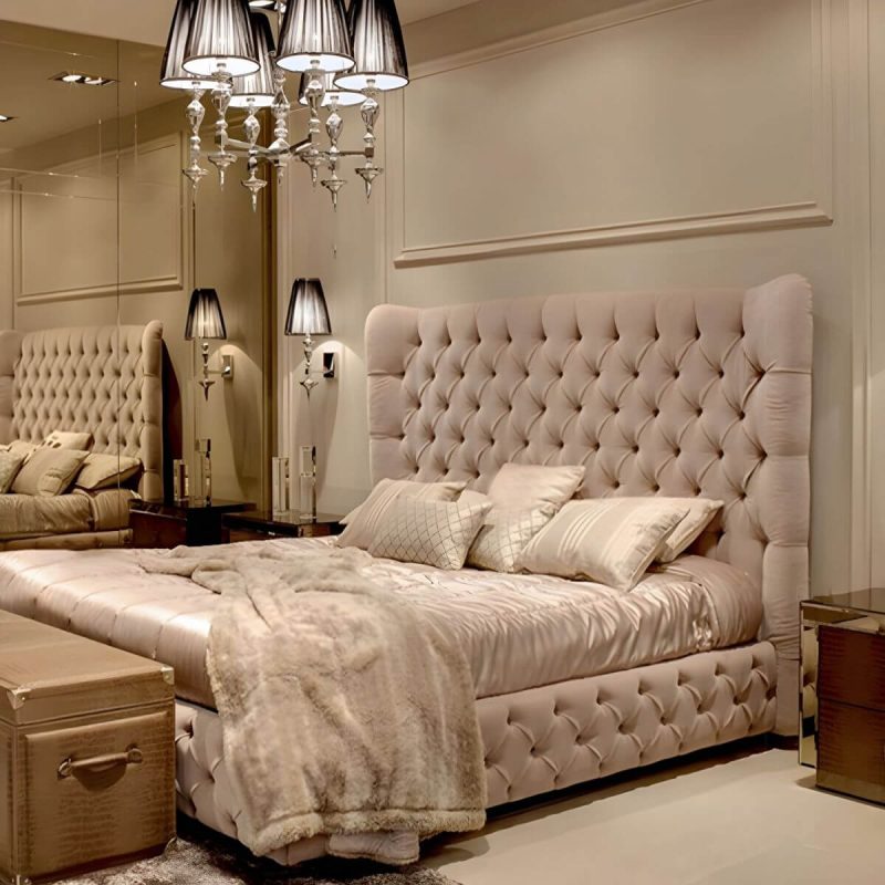 "Elegant Grey Tufted Wingback Headboard with Wood Legs and Camelback Shape - 79""