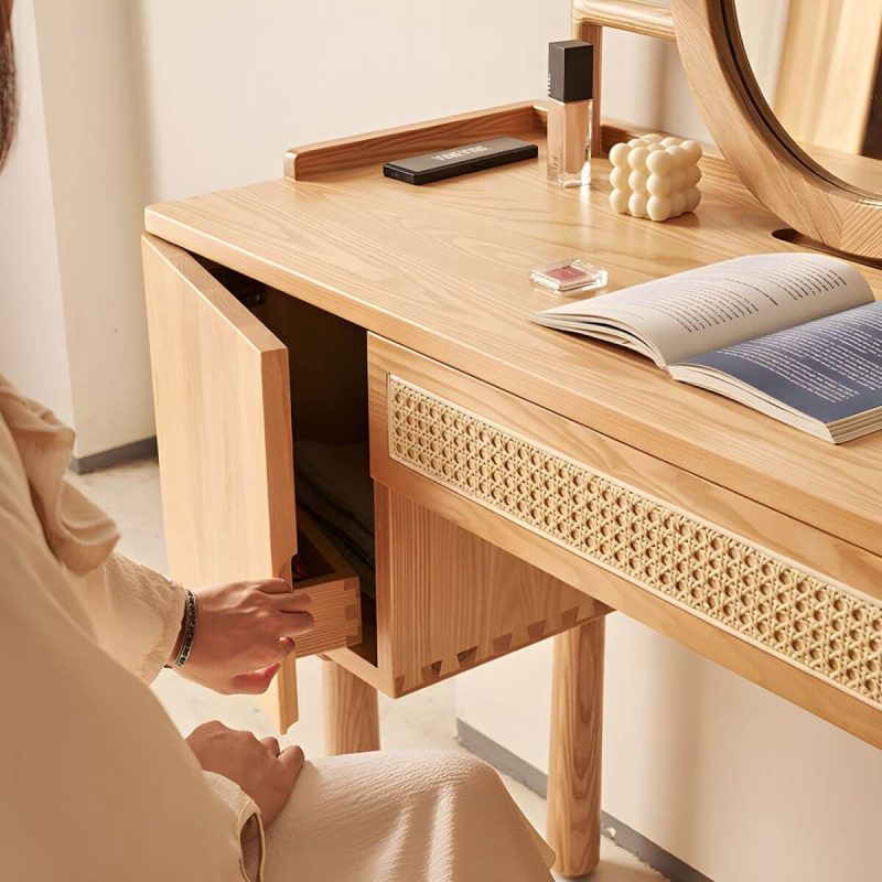 "Ash Wood Rectangle Dressing Table with Storage Cabinets and 4 Legs - Makeup Vanity"