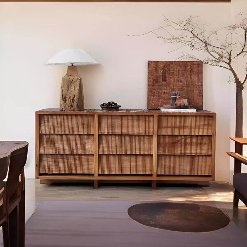"Rustic Natural Wood Console Dresser with Wood Scoring, 9 Drawers, Horizontal Orientation, Black, 58"L x 17"W x 29"H"