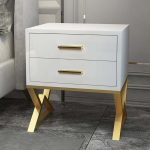 "Nordic White Nightstand 2-Drawer Bedside Table Gold Finish"