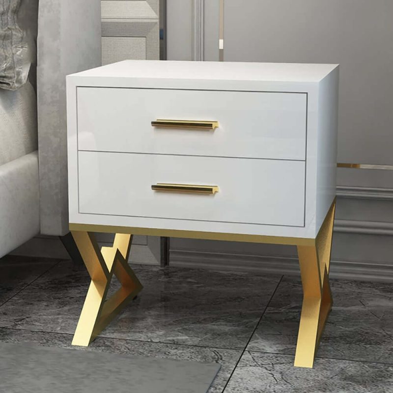 "Nordic White Nightstand 2-Drawer Bedside Table Gold Finish"