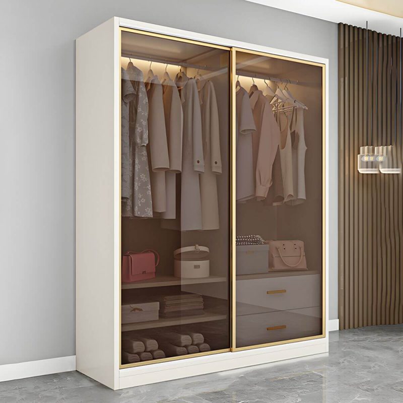 "Modern White Wood Frame Wardrobe Freestanding Wardrobe with Sliding Glass Doors - Armoire 71"L x 22"W x 79"H"