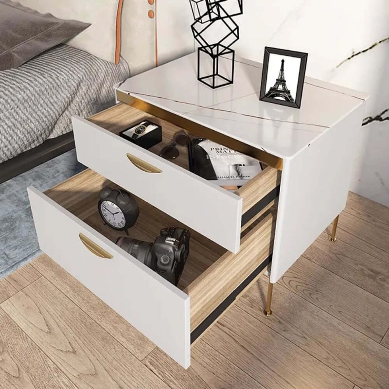 "Modern White Nightstand Luxury Stone Top 2-Drawer Lacquered Bedside Table"