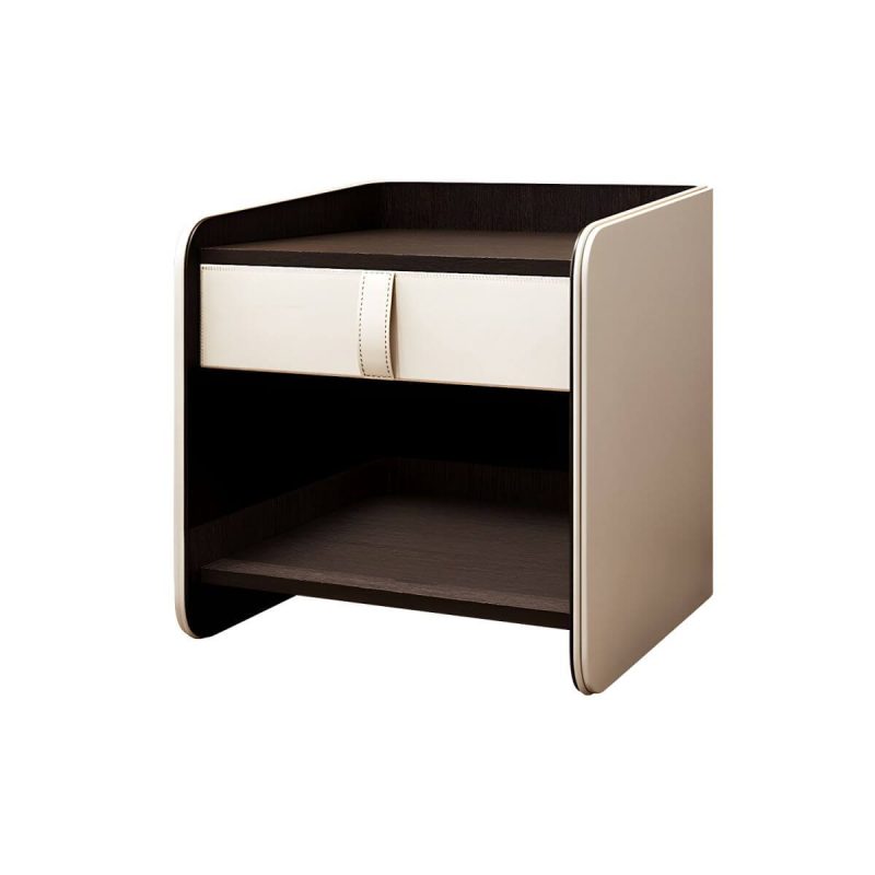 "Faux Leather Nightstand 1 - Drawer Nightstand with Wood Accents - Cream Gray 19.7"L x 19.7"W x 19.7"H"
