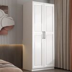 "Chalk Trendy Manufactured Wood Wardrobe Armoire with Articulated Door, Soft Close Drawer, Soft Close Door, and Interior Shelves, Single Clothing Rod, 31.5"L x 20"W x 79"H, 2 Shelves, 2 Drawers"