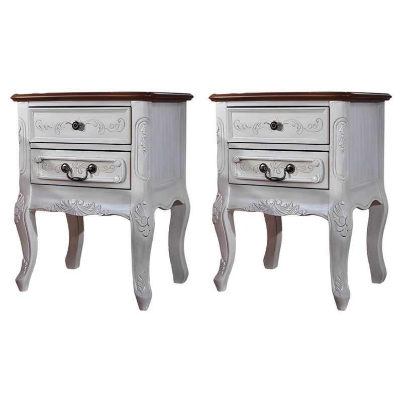 "Distressed French Country Nightstand with Wood Storage and 2 Drawers - White 2 Piece Set"