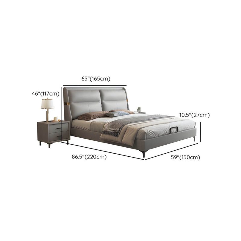 "Dimension of Grey Upholstered Panel Modern Bed with Genuine Leather Headboard - 59"W x 79"L Open-Frame"