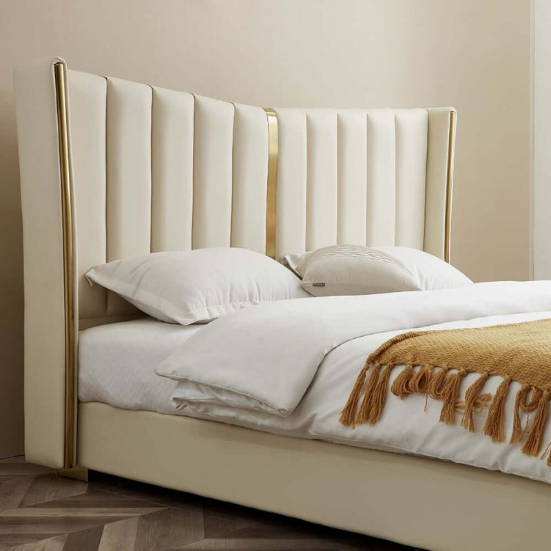 "Modern Beige King Size Bed Wingback Headboard Leather Upholstery & Gold Stainless Steel"