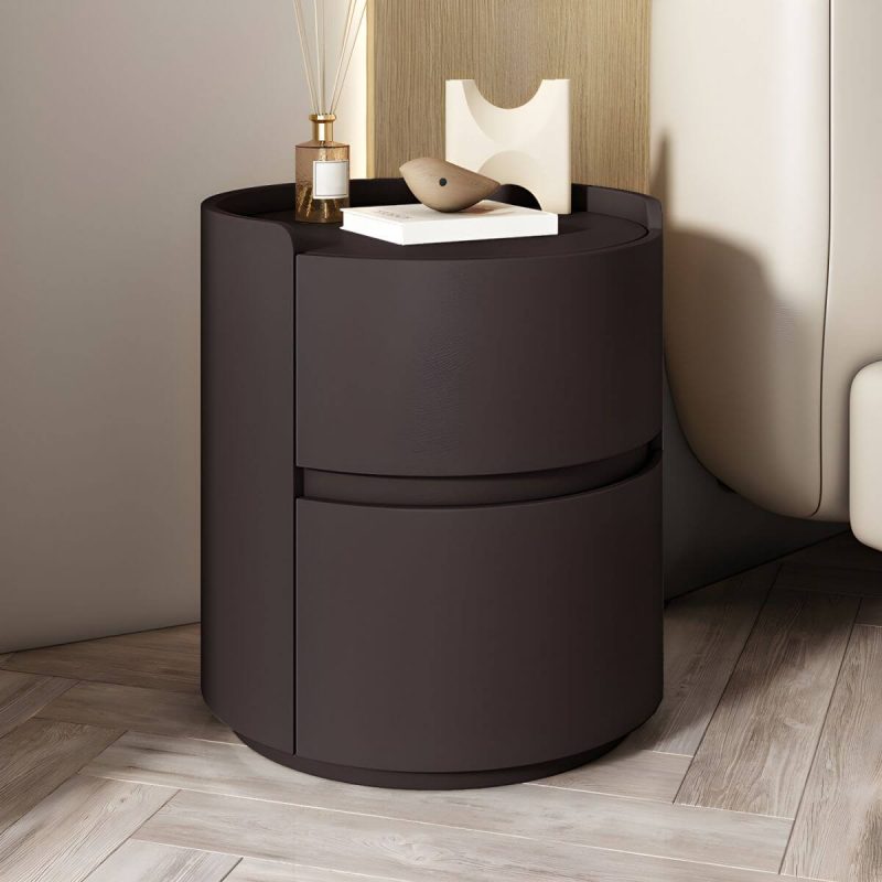 "Modern Faux Leather Round Nightstand with 2 Drawers, Light Wood Tone - Dark Coffee 1 Piece 18"L x 18"W x 20"H"