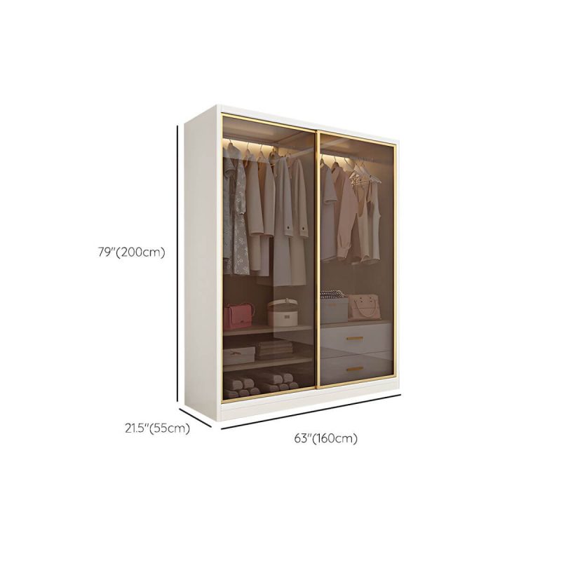"Dimension of Modern White Wood Frame Wardrobe Freestanding Wardrobe with Sliding Glass Doors - Armoire 63"L x 22"W x 79"H"