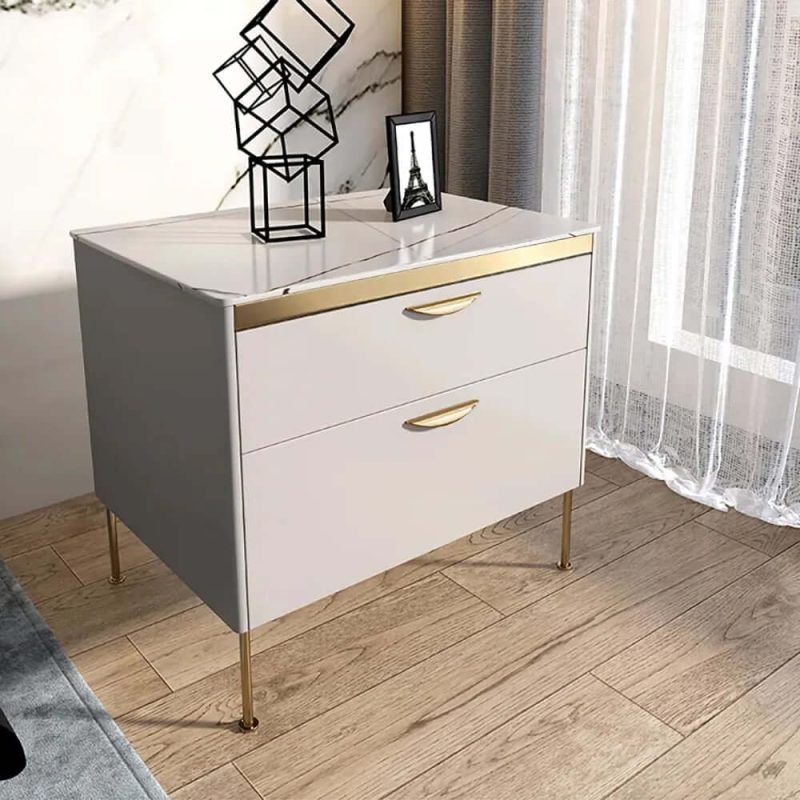 "Modern White Nightstand Luxury Stone Top 2-Drawer Lacquered Bedside Table"