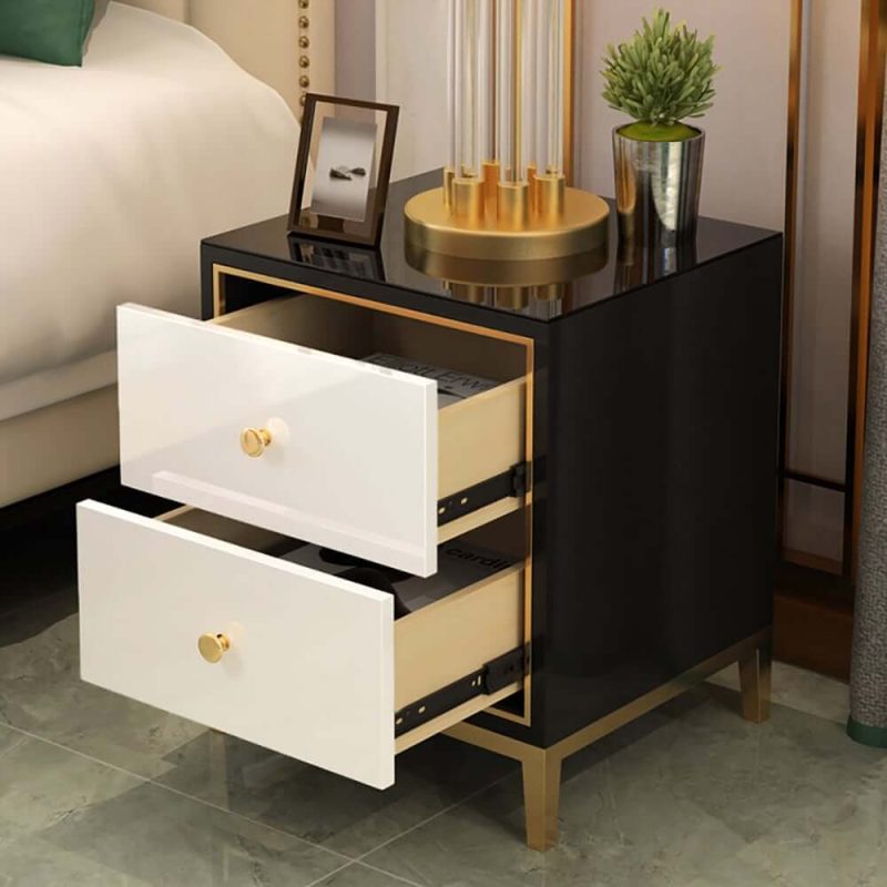 "Modern Black & White MDF Nightstand with 2 Drawers and Stainless Steel Leg"