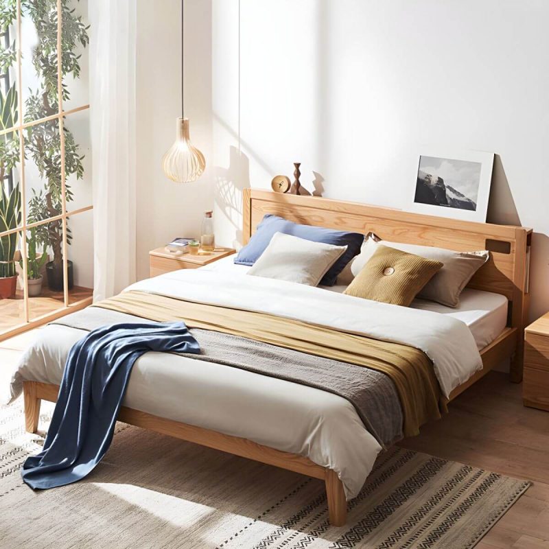 "Solid Wood Standard Panel Bed in Natural with Rectangular Headboard - Single Bed Unavailable"