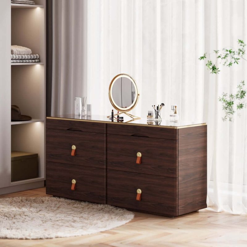 "Chanor 47" Glass Top Walnut 6-Drawer Dresser"