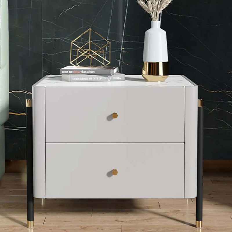 "Modern Luxury Gray Nightstand 2-Drawer Bedside Table with Sintered Stone Top"