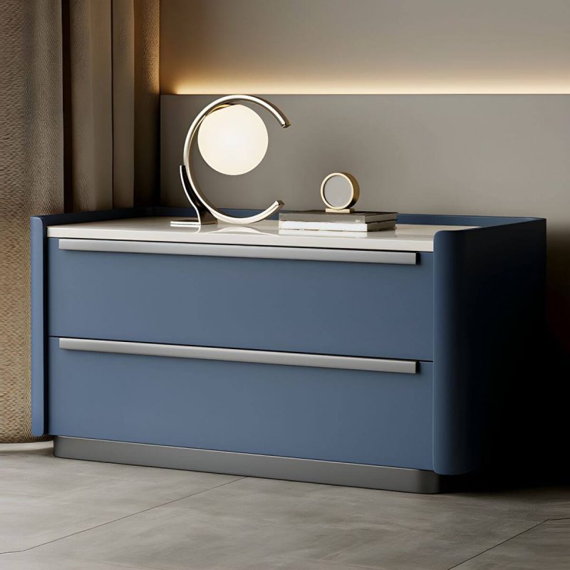 "Modern Wood Nightstand with Drawer Storage, Light Wood Tone & Small Size - Dark Blue 1 Piece 28"L x 16"W x 20"H"