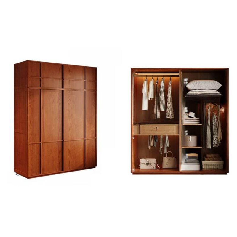 "Timber Simplistic Wardrobe Closet with Soft Close Drawer, Soft Close Door, Interior Shelves, and Hanging Rod, Cherry Wood, 62"L x 24"W x 102"H"