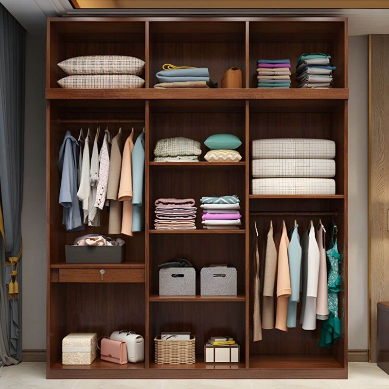 "Wood Brown Rustic Wardrobe Armoire with Drawers & Shelves, Walnut Finish - 40.2"L x 22.8"W x 80.7"H"