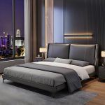 "Contemporary Genuine Leather Grey Standard Bed with Custom Gold Legs - 59"W x 79"L"