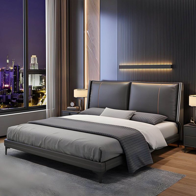 "Contemporary Genuine Leather Grey Standard Bed with Custom Gold Legs - 59"W x 79"L"